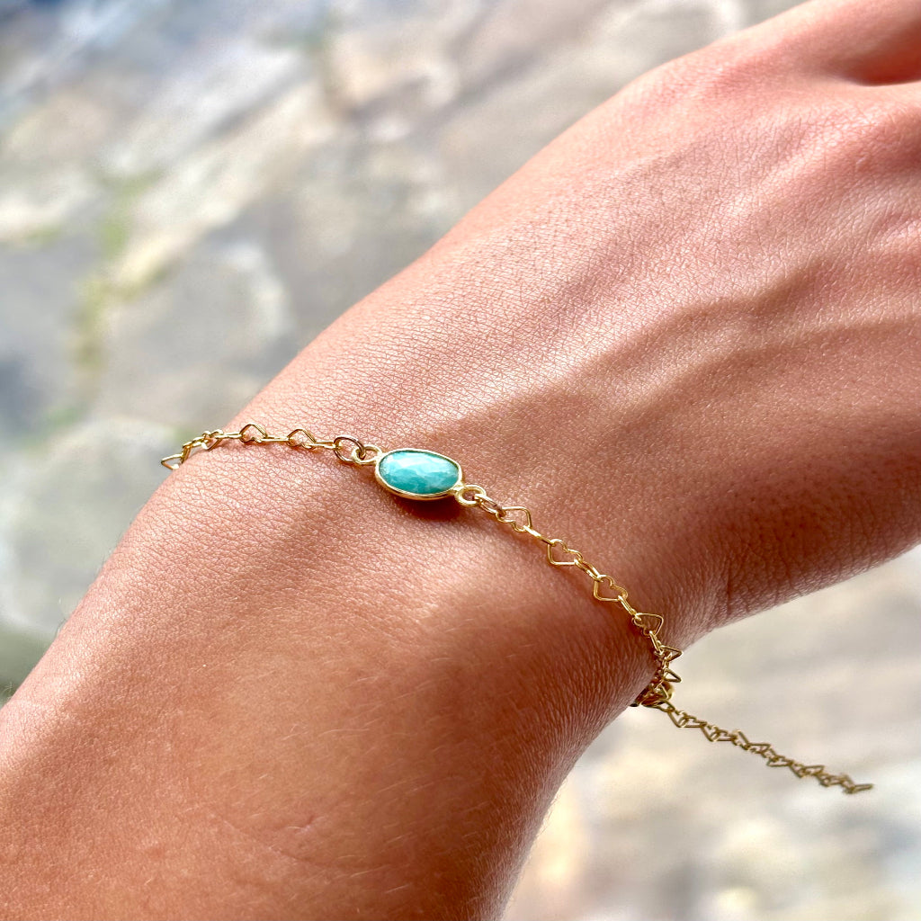 Stone and Strand Bracelet - gold heart chain with gemstone connector