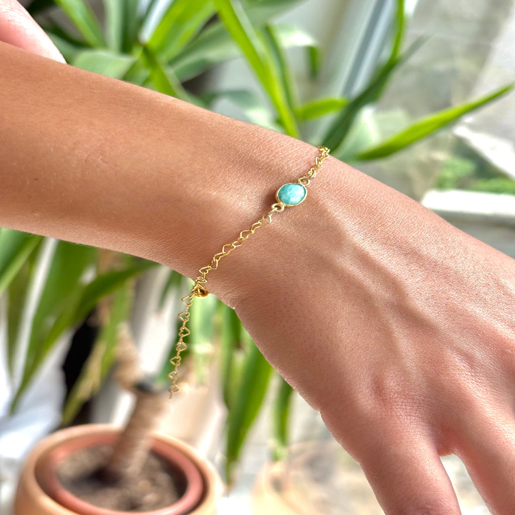 Stone and Strand Bracelet - gold heart chain with gemstone connector