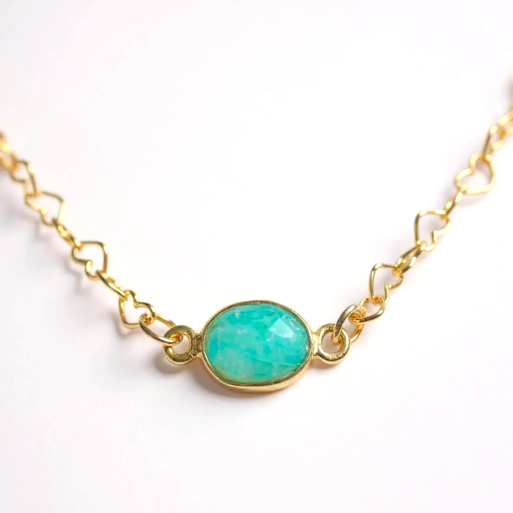 Stone and Strand Bracelet - gold heart chain with gemstone connector