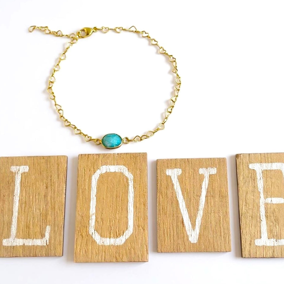 Stone and Strand Bracelet - gold heart chain with gemstone connector