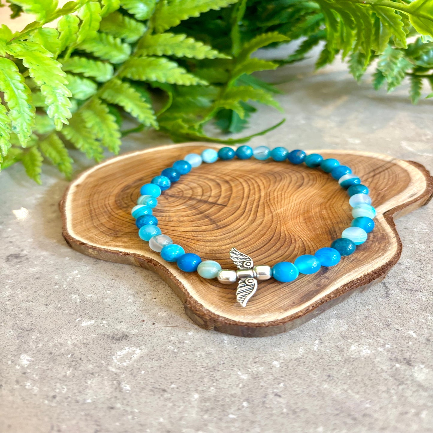 Blueline Stack- Blue Agate, Patikan wood and Tibetan agate men’s bracelets with sterling silver angel wings