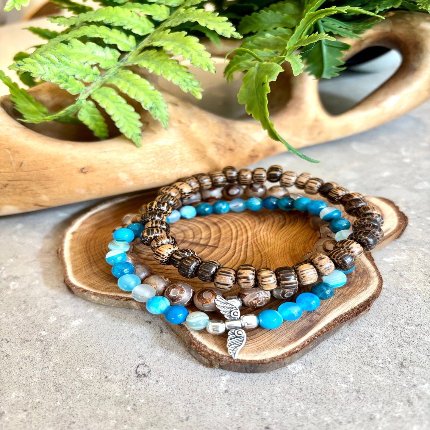 Blueline Stack- Blue Agate, Patikan wood and Tibetan agate men’s bracelets with sterling silver angel wings