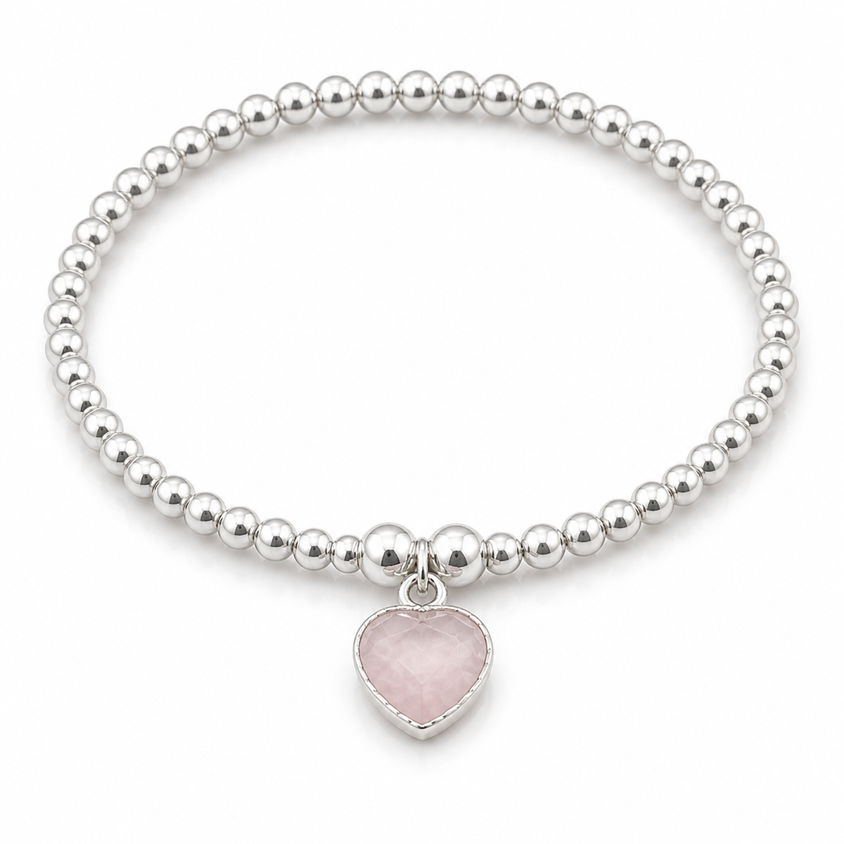 Rose Quartz Heart Bracelet | Silver Beaded Healing Crystal Bracelet