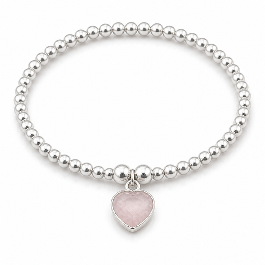 Rose Quartz Heart Bracelet | Silver Beaded Healing Crystal Bracelet