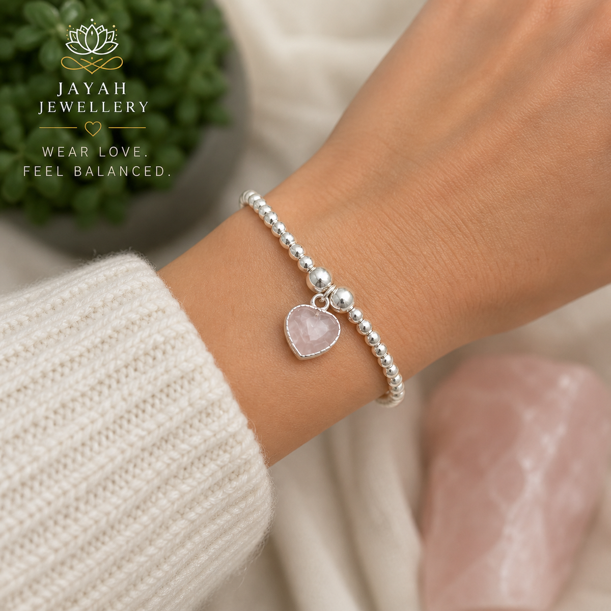 Rose Quartz Heart Bracelet | Silver Beaded Healing Crystal Bracelet