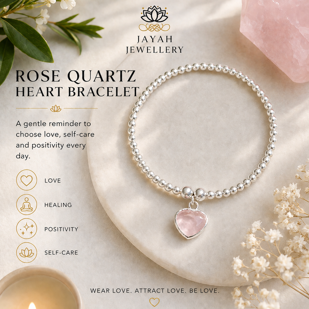 Rose Quartz Heart Bracelet | Silver Beaded Healing Crystal Bracelet