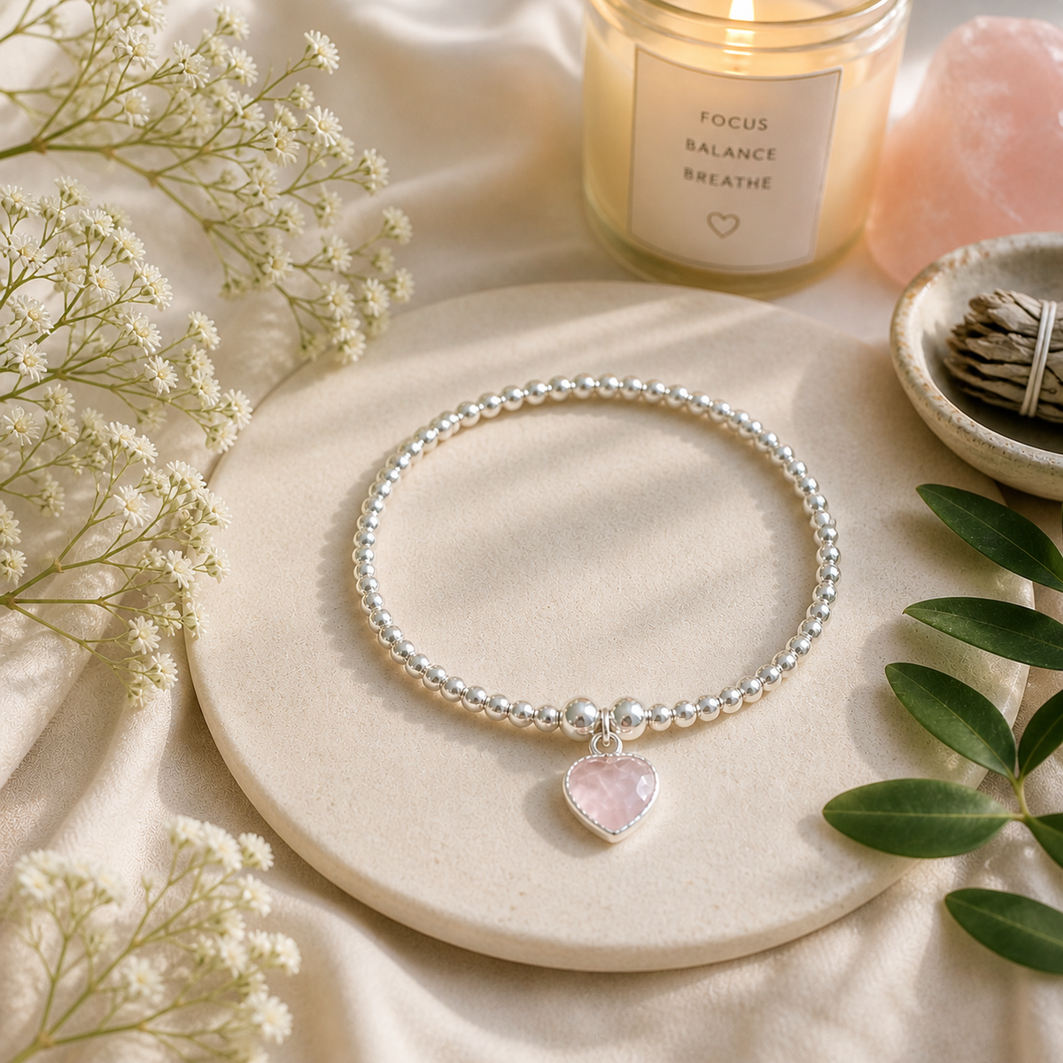 Rose Quartz Heart Bracelet | Silver Beaded Healing Crystal Bracelet
