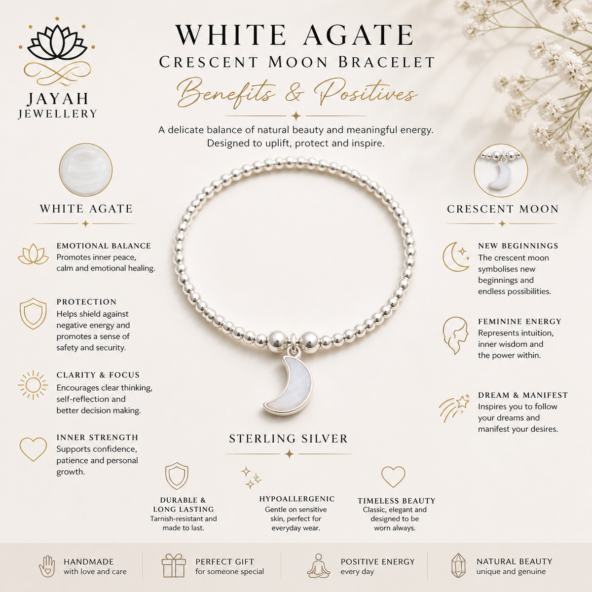 Sterling Silver Bead Bracelet with White Agate Moon Charm