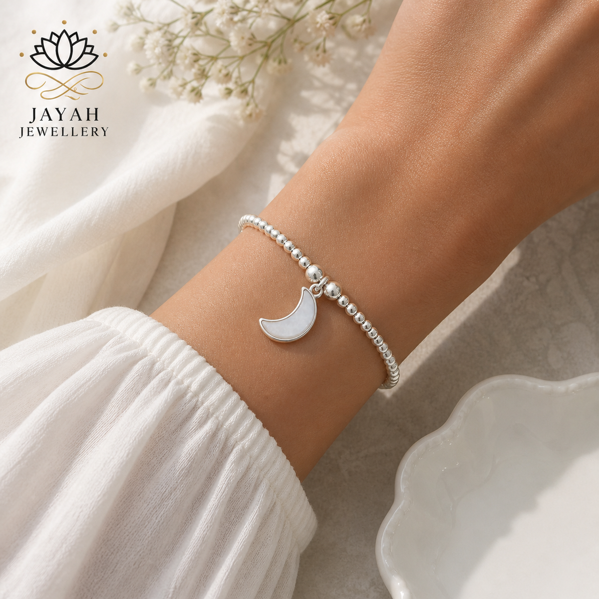 Sterling Silver Bead Bracelet with White Agate Moon Charm