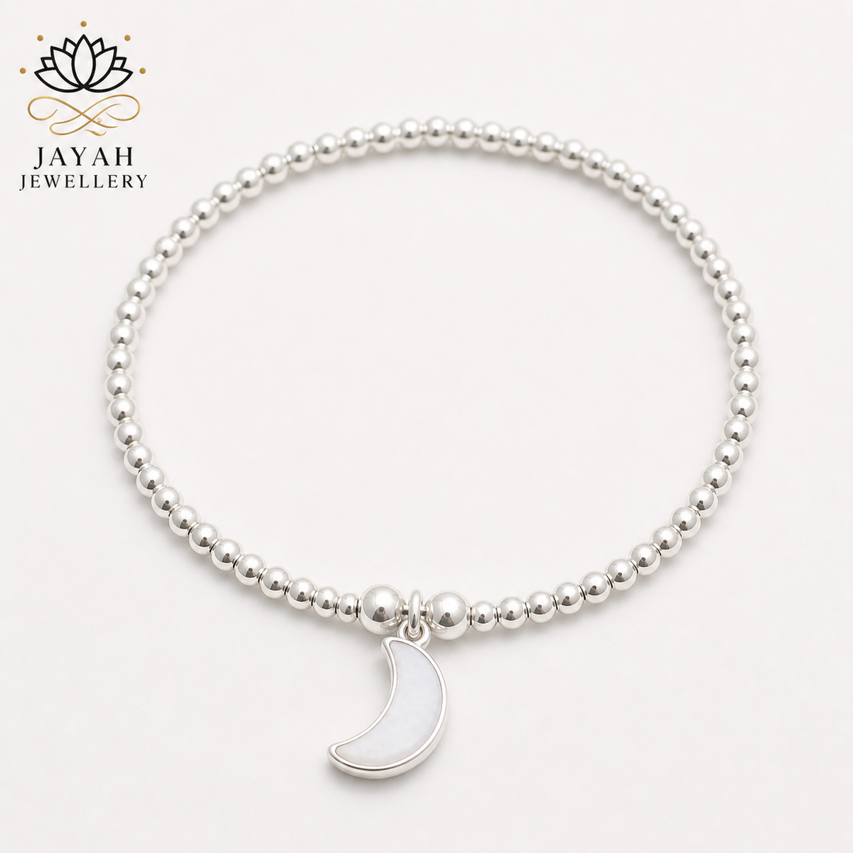 Sterling Silver Bead Bracelet with White Agate Moon Charm