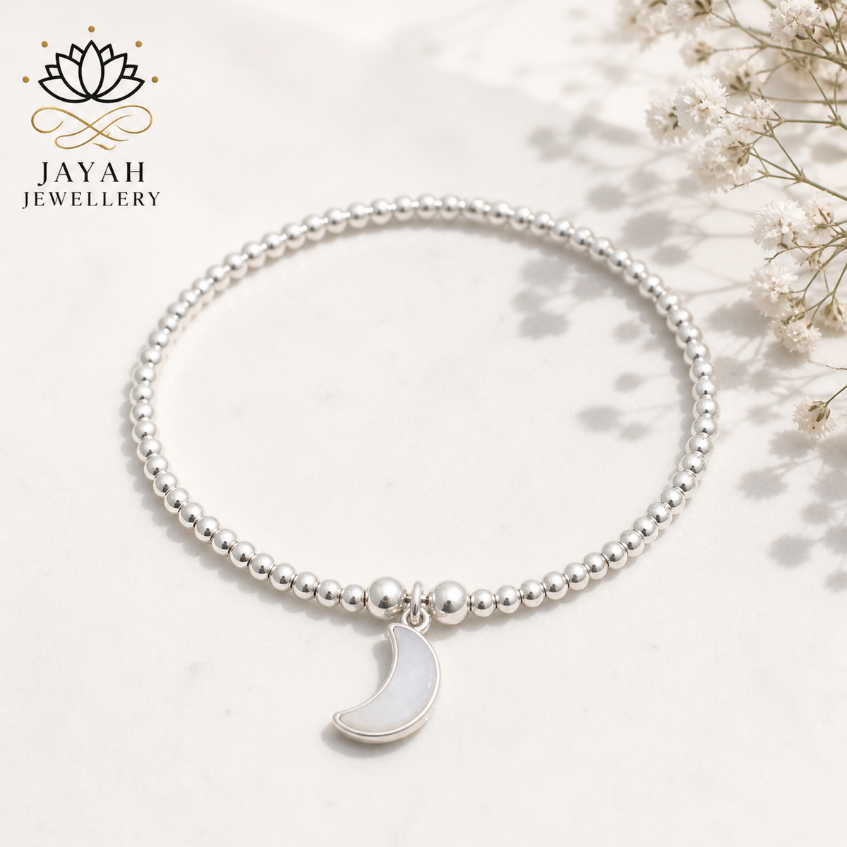 Sterling Silver Bead Bracelet with White Agate Moon Charm