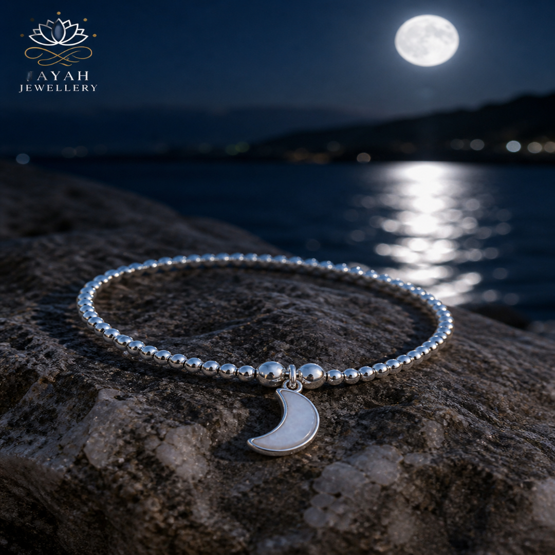Sterling Silver Bead Bracelet with White Agate Moon Charm