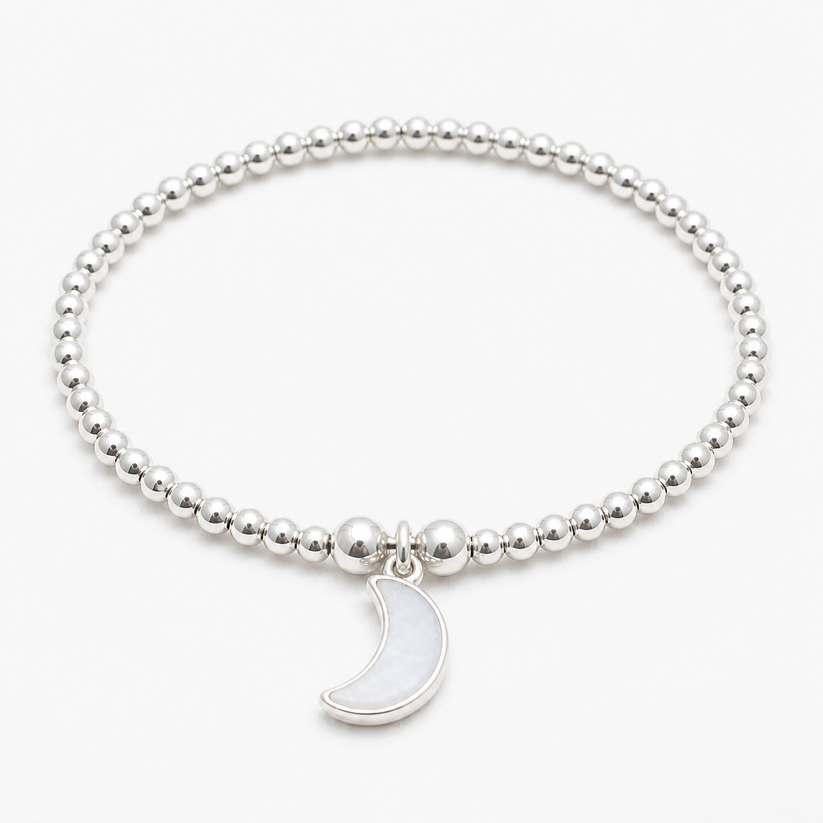 Sterling Silver Bead Bracelet with White Agate Moon Charm