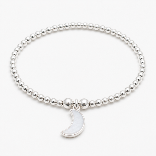 Sterling Silver Bead Bracelet with White Agate Moon Charm
