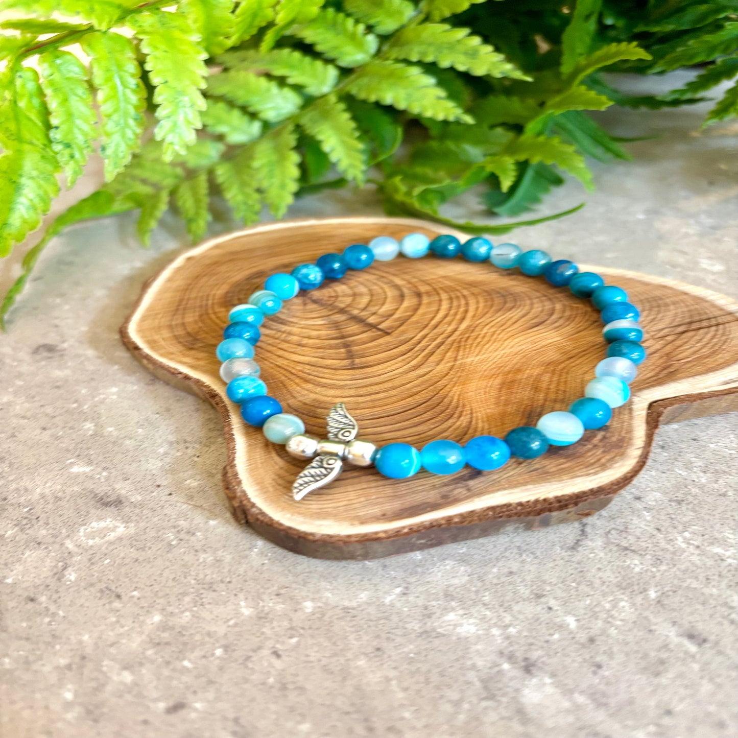 Blueline Stack- Blue Agate, Patikan wood and Tibetan agate men’s bracelets with sterling silver angel wings