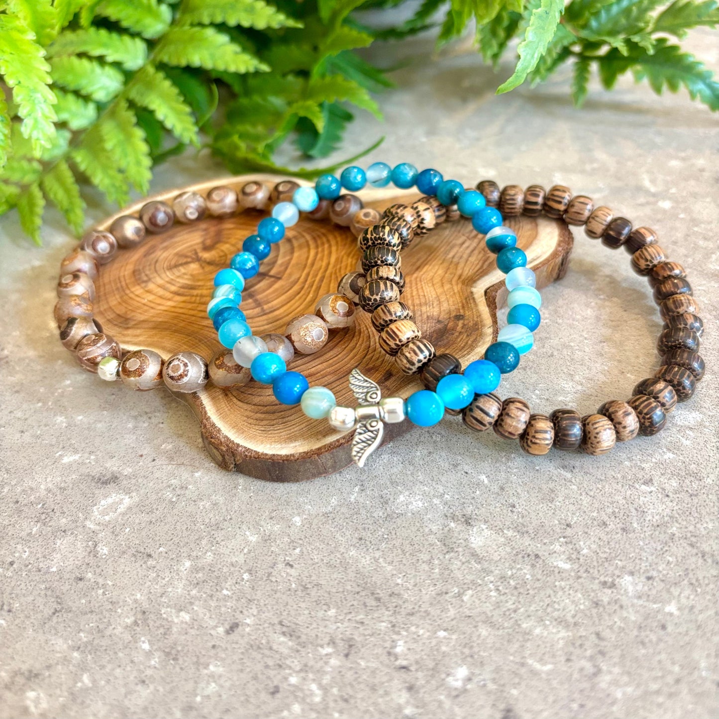 Blueline Stack- Blue Agate, Patikan wood and Tibetan agate men’s bracelets with sterling silver angel wings