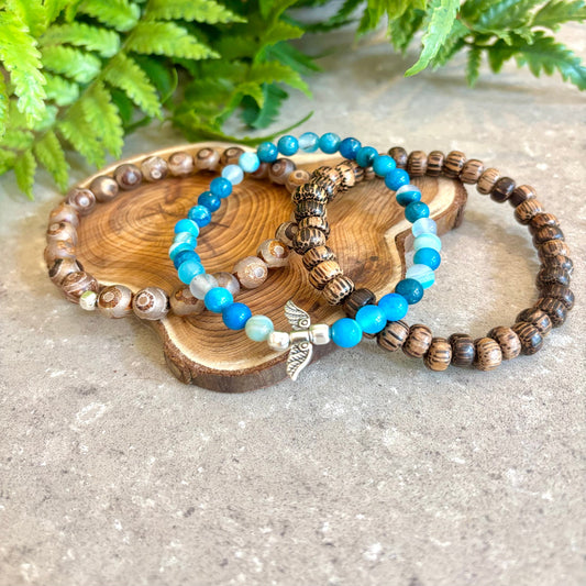 Blueline Stack- Blue Agate, Patikan wood and Tibetan agate men’s bracelets with sterling silver angel wings